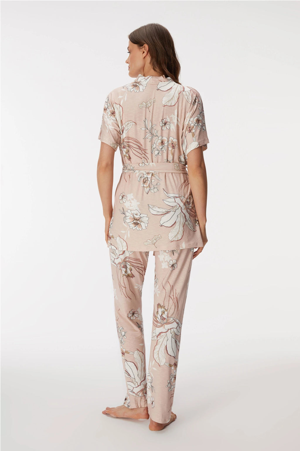 Ensemble de pyjama 3 Pièces Fleuri – Kimono, Pantalon ; Bralette en Viscose Stretch