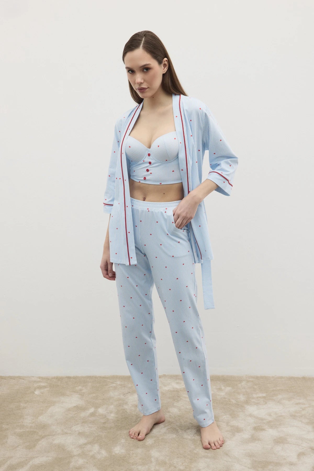 Ensemble Pyjama Femme 3 Pièces en Coton Stretch – Push-Up ; Kimono Léger