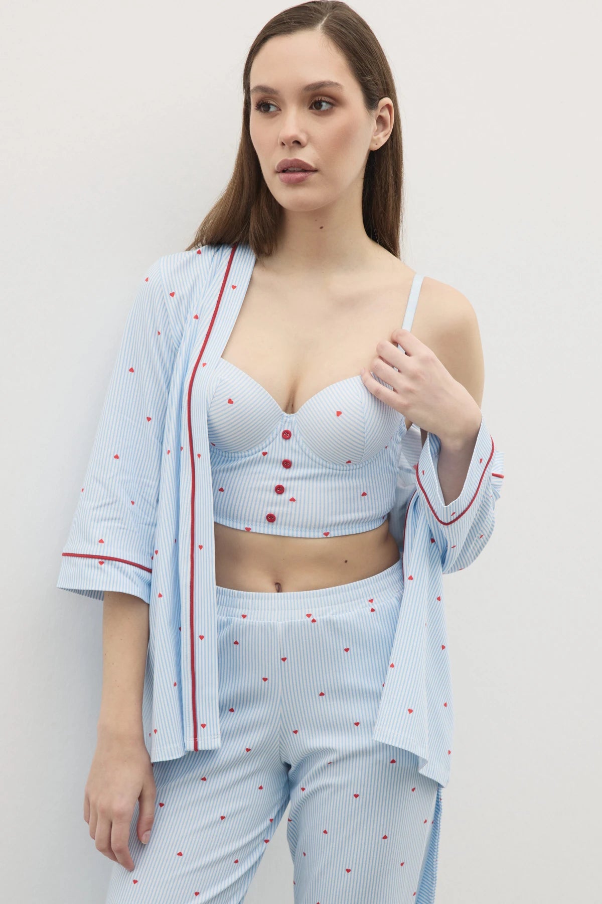 Ensemble Pyjama Femme 3 Pièces en Coton Stretch – Push-Up ; Kimono Léger